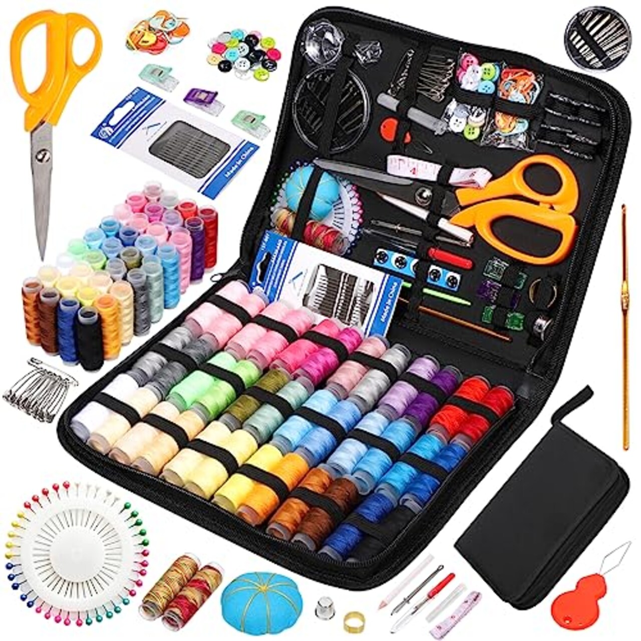 Sewing Kit with Case, Sewing Supplies for Home Travel and Emergency, Kids Machine, Contains Spools of Thread, Mending and Sewing Needles, Scissors, Thimble, Tape Measure